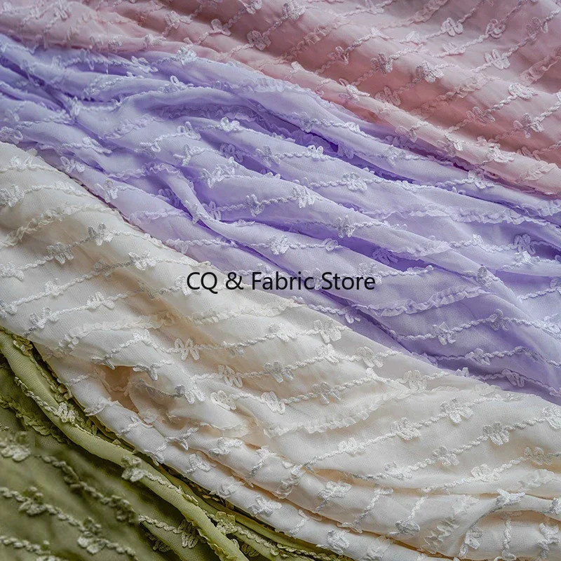 Soft Candy Color Striped Embroidered Chiffon Fabric For Spring And Summer Women's Clothing Dress By the meter