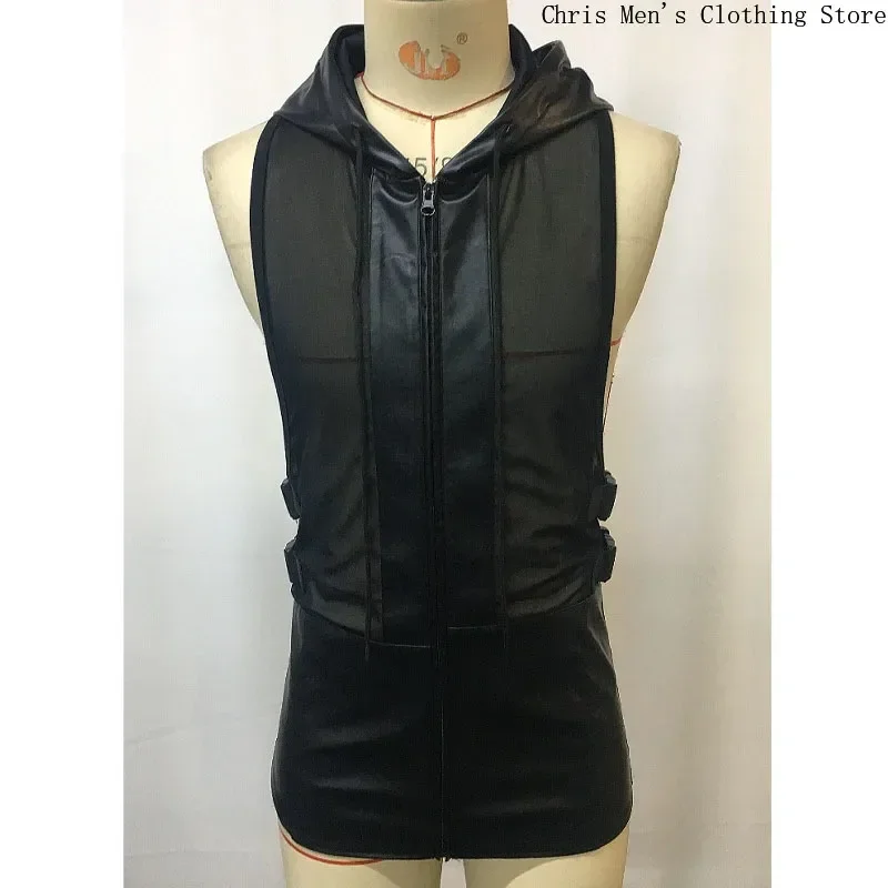 Motorcycle Leather Vest Top Men\'s Leather Stitching Net Shirt Sexy See-through Hooded Vest Muscular Men Fitness Vest Tank Top Me