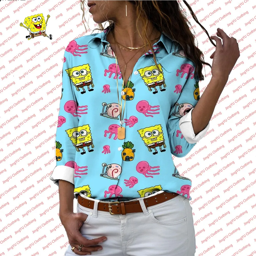 Summer casual shirt SpongeBob cartoon shirt comfortable and versatile new style trendy women\'s lapel long-sleeved shirt