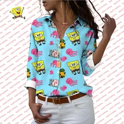 Summer casual shirt SpongeBob cartoon shirt comfortable and versatile new style trendy women's lapel long-sleeved shirt