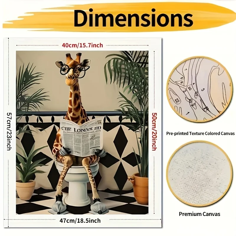 Professional Art Use, 1pc Beginner-Friendly Adult Digital Painting Kit: Giraffe Wearing Glasses Sitting on Toilet Reading The Lo