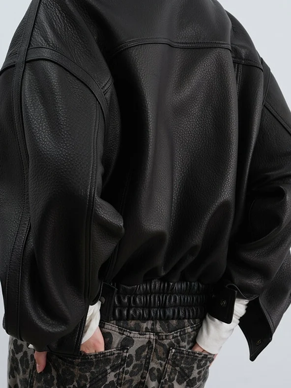 Clássico haifeng bolha couro jaet piloto colarinho motocicleta jaet feminino na moda outerwear eepskin longo sve casaco