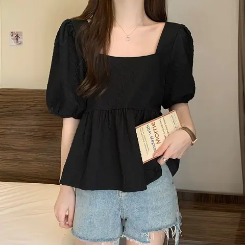 유행 느슨한 버블 슬리브 스퀘어 칼라 탑 슬리밍 디자인 간단한 세련된 여름 셔츠 여성 티셔츠 통근 스타일