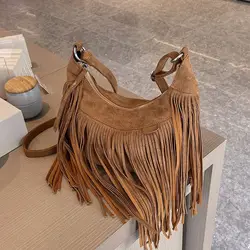 Frosted PU Leather Tassel Fringe Bags Vintage Fashion Designer Bag Women Shoulder Crossbody Bag Bags Women's Handbags Purses