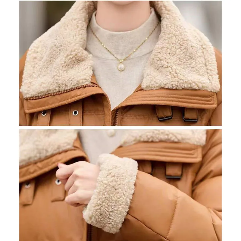 Spliced ​​Lamb Hair Pu 스킨 다운 코튼 자켓 여성 겨울 캐주얼 All-Match Thicken Warm Cotton-Padded Parkas 여성 오버 코트