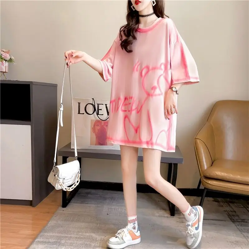 Casual Large Size T Shirt Women Loose Short-sleeved T-shirt Summer New Loose All-match Mid-length Top Womens Kawaii Clothes 2024