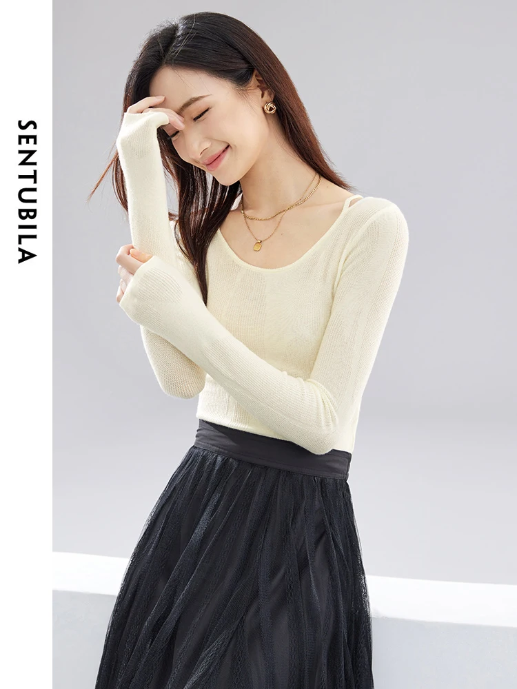 

SENTUBILA Women's Basics Pullovers 2025 Spring Fall Long Sleeve Hollow Out Knitted Sweater Solid Casual Ladies Clothes W41E53097