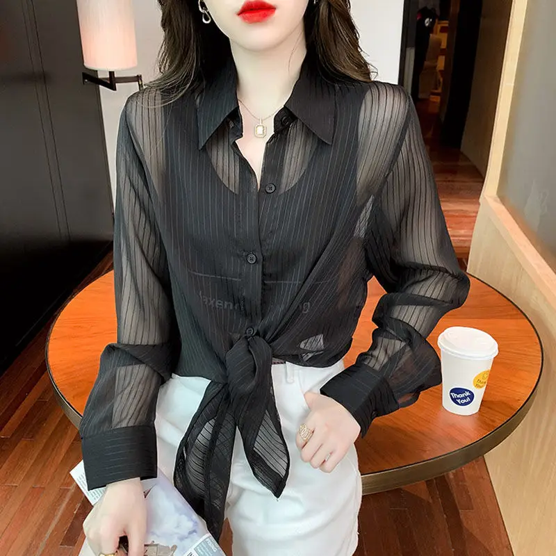 Black Top Elegant Chic Summer Blouse for Women Long Sleeve Transparent Youth Korean Fashion Casual Loose Women\'s Buttoned Shirts