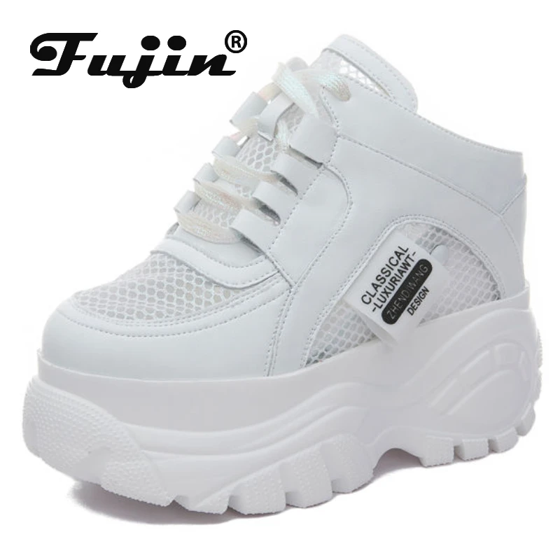 Fujin 12cm Air Mesh Genuine Leather Women Casual Platform Wedge Slipper Hidden Heel Summer Shoes Chunky Sneaker High Heel White