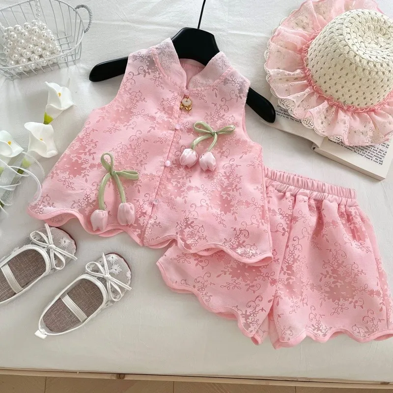 

TOY-2025Summer New Chinese Style Tang Suit Thin Sleeveless Girls Single-Breasted Ancient Costume Girls Summer Chinese Set