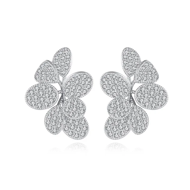 Women Platinum Flower Shape Earrings Stud Delicate Silver Shiny Zircon Flower Anti-Allergic Fine Earring Jewelry Engagement Gift