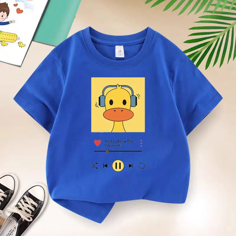 Image of Neue Y2K-Tops, Enten, Musik hören, Grafikdruck, Baby-Jungen-T-Shirt, gelbe Baumwolle, Kinder-Tops, T-Shirt, Sommer-T-Shirt, 6, 8, 10, 12 Jahre
