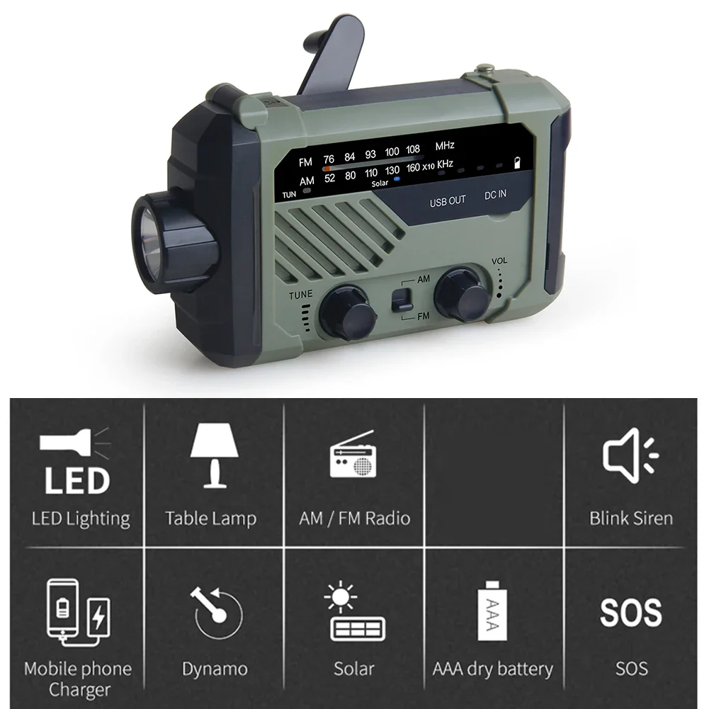 2000mAh Portable AM FM Radio Hand Crank Solar Radio Weather Radio Speaker Outdoor Emergency LED Flashlight MP3 Player Receiver
