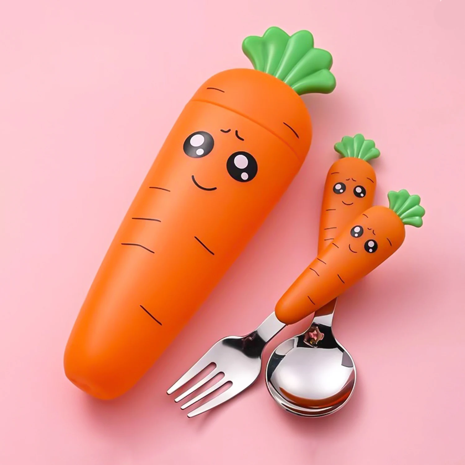 Creative cartoon radish children's cutlery set, stainless steel spoon fork, plastic handle portable children's tableware