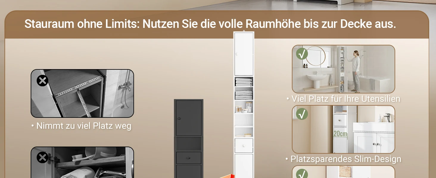 SoBuy BZR34 Badezimmerschrank Hochschrank Schmal Badschrank für kleine Bäder mit verstellbaren Einlegeböden Badezimmer 20x20x180 – Detail 6