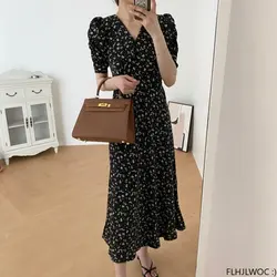 French Design Elegant Long Dresses New 2023 Women Summer Short Sleeve Floral Flower Retro Vintage Black Chic Korea Dress