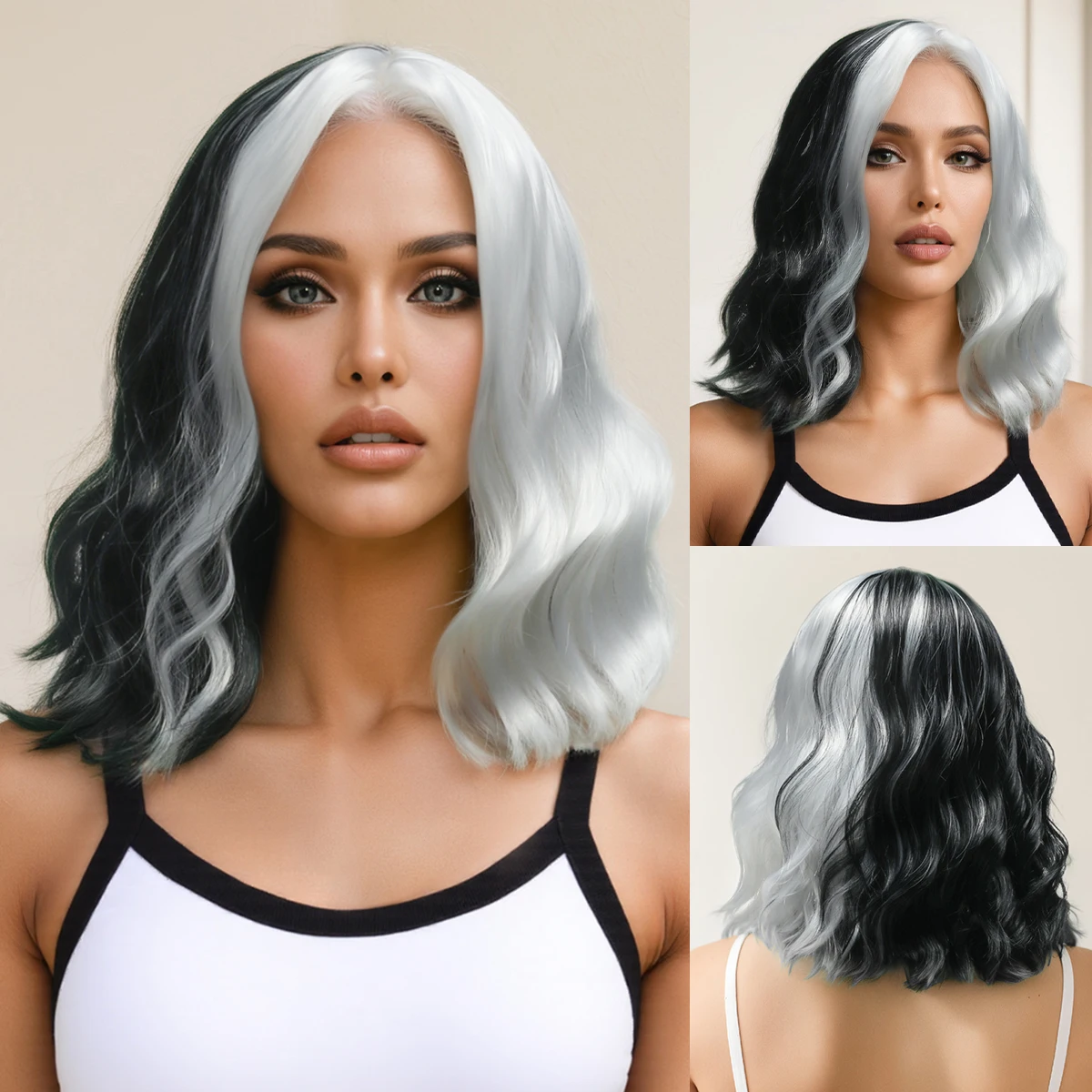 

Black and white witch Halloween wig cosplay with short curly hair Synthetic fiber wig