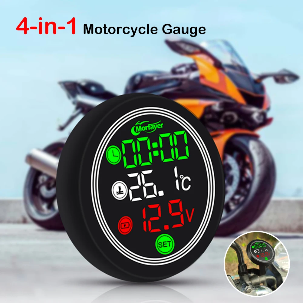 New 9-24V Motorcycle Thermometer LED Digital Display Electronic 4 In 1 Water Temperature Meter Voltmeter Gauge Low Voltage Alarm