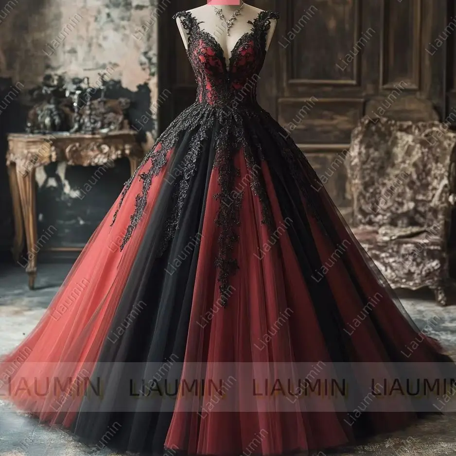 

Red Tulle Black Lace Applique With Strap Lace-up Full Length Evening Wedding Formal Prom Dresses Customized Hand Made W19.16.2