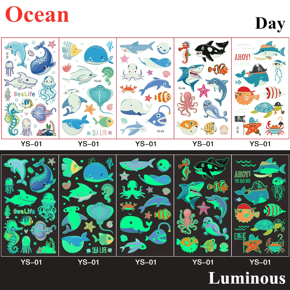 

Декор для вечеринки для мальчиков и девочек, динозавр, пират, животное, водонепроницаемые светящиеся детские татуировки, наклейки, светящиеся в темноте, временные татуировки