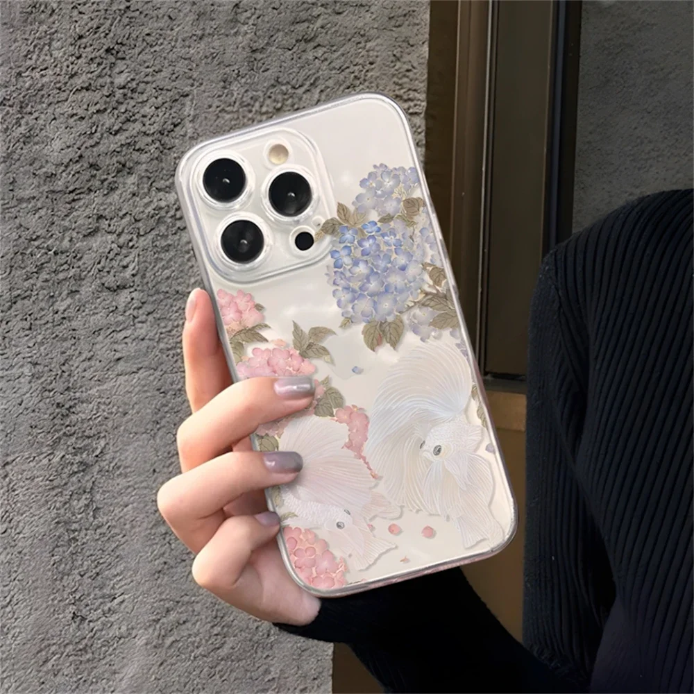 Koi and Hydrangea Clear Floral Case for iPhone 16 15 14 Plus 13 12 mini 11 Pro Max XR Soft Silicone Cover with Camera Protection