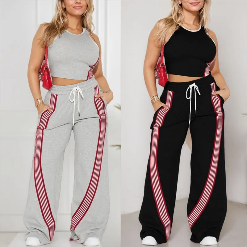 2 peça define feminino terno esportivo fino ajuste colete superior calças de perna larga listrado cintura elástica cordão calças esportivas agasalho