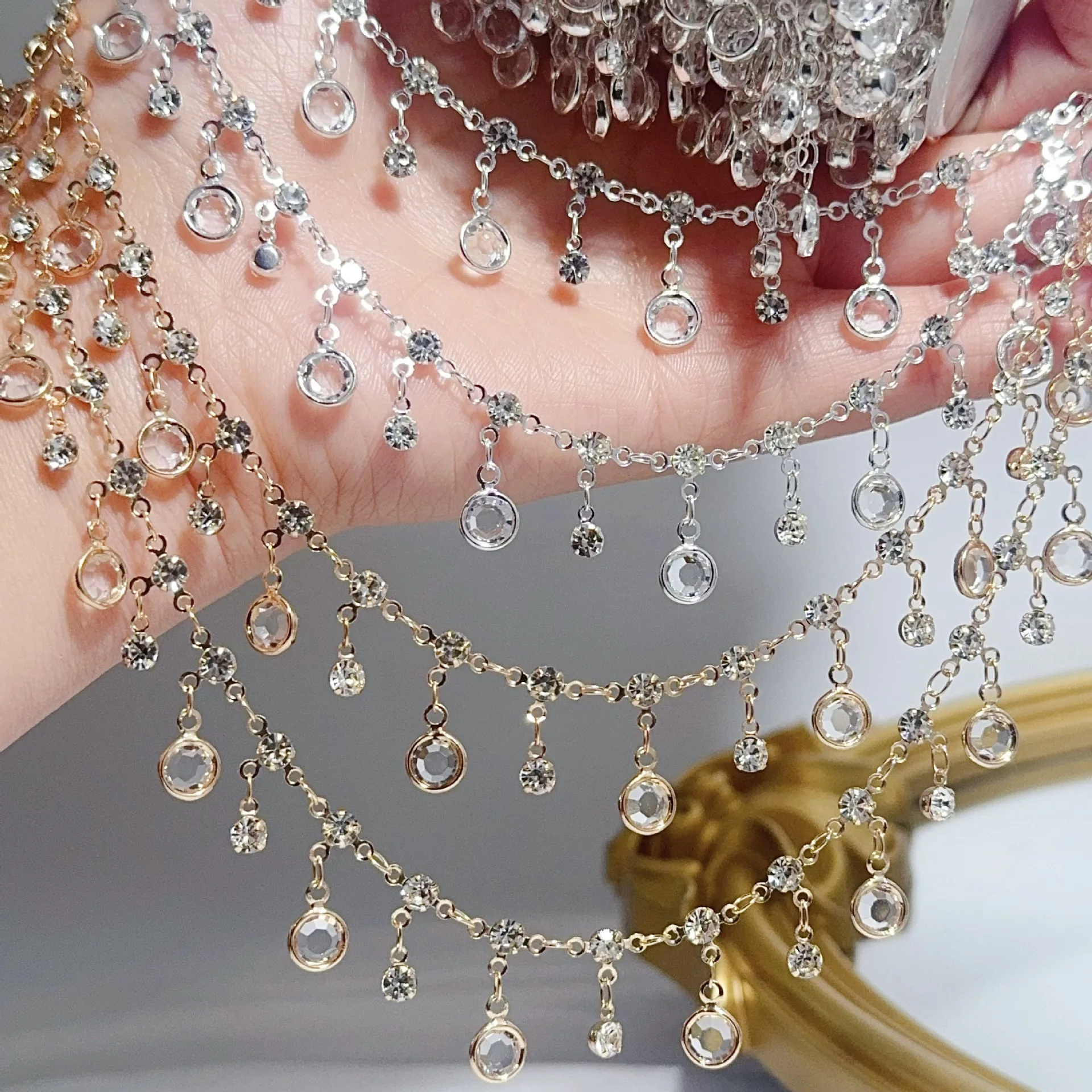 0.5/1/2M Tassel Rhinestone Transparent Glass Copper Chain Retro Suitable For DIY Clothing Bracelet Necklace Jewelry Accessories