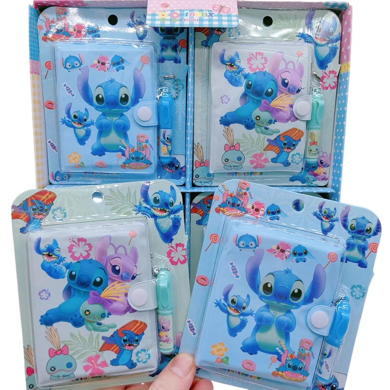 Disney-Cuaderno de Anime Stitch con bolígrafo Kawaii Lilo & Stitch, Mini Bloc de notas portátil, Juego de Cuaderno de dibujos animados, papelería