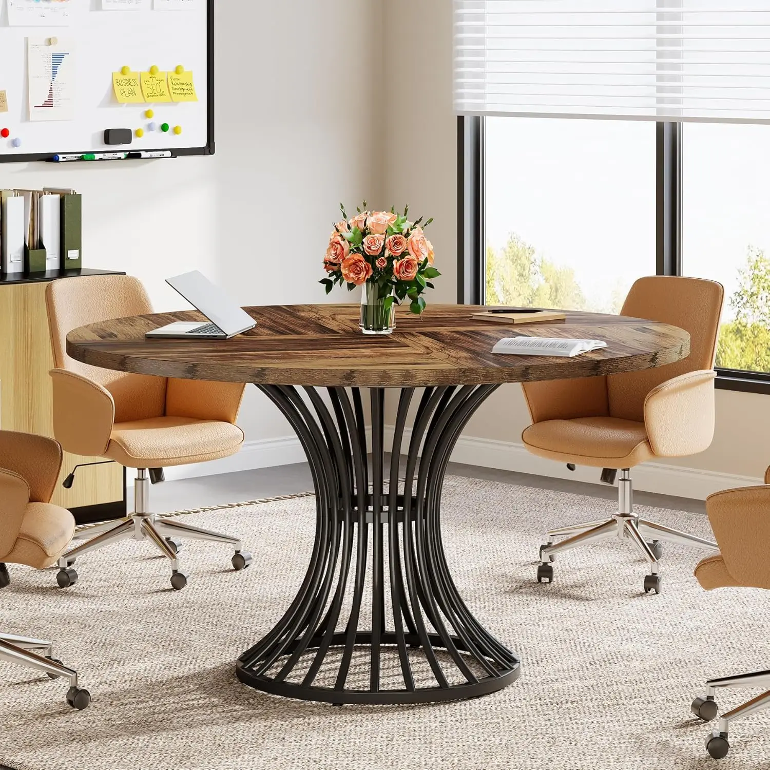 Round Conference Table for 4-6, 47-Inch Conference Room Table with Metal Base, Industrial Meeting Table for Office Meeting Room