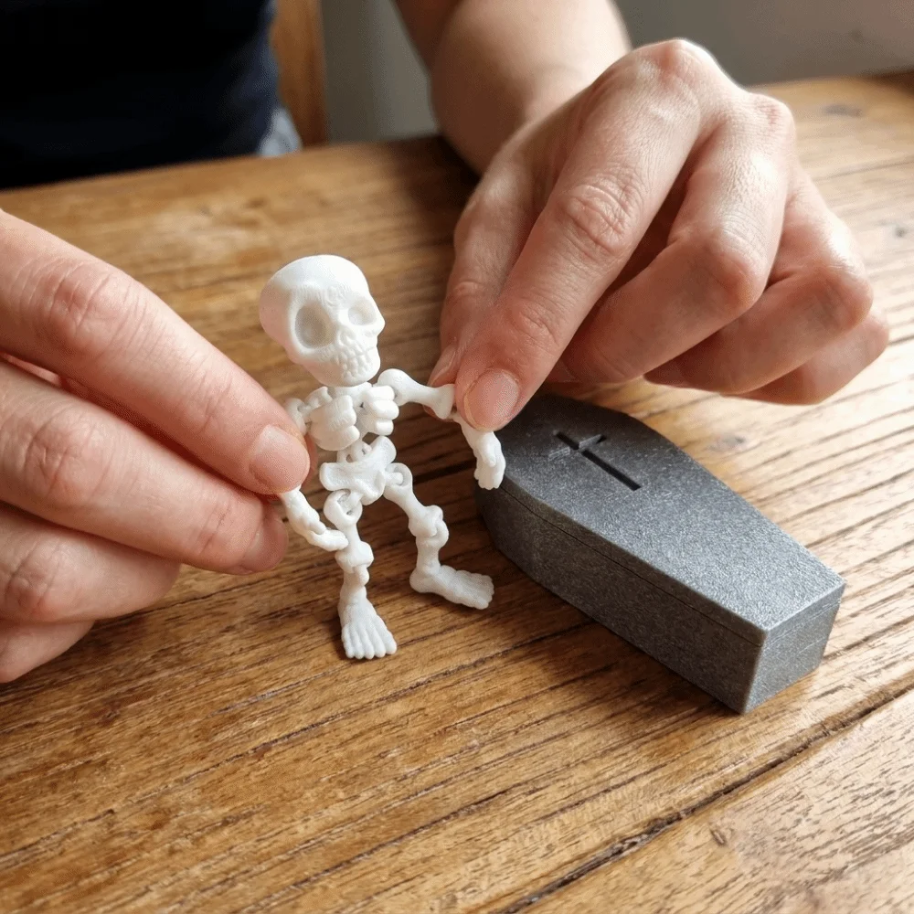 3D-Printed Articulated Skeleton Flexible Joints Plastics Halloween Mini Coffin Box Removable Posable Skeleton Party Favor