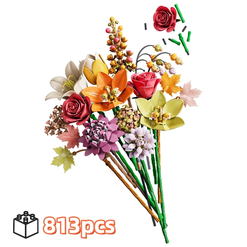 Blocos de Montar Buquê de Flores com 813 Peças, Kit DIY de Rosas, Flores que Nunca Murcham, Presente de Aniversário para Meninas, Decoração de Casa, Brinquedo MOC