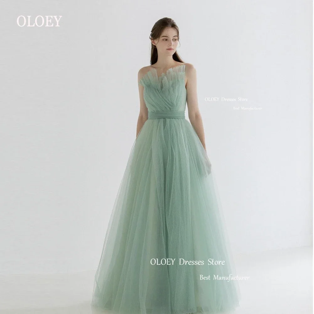 

OLOEY Fairy Sage Green Draped Tulle Long Prom Dresses Korea Women Wedding Photoshoot Princess Evening Gowns Garden Bride Dress