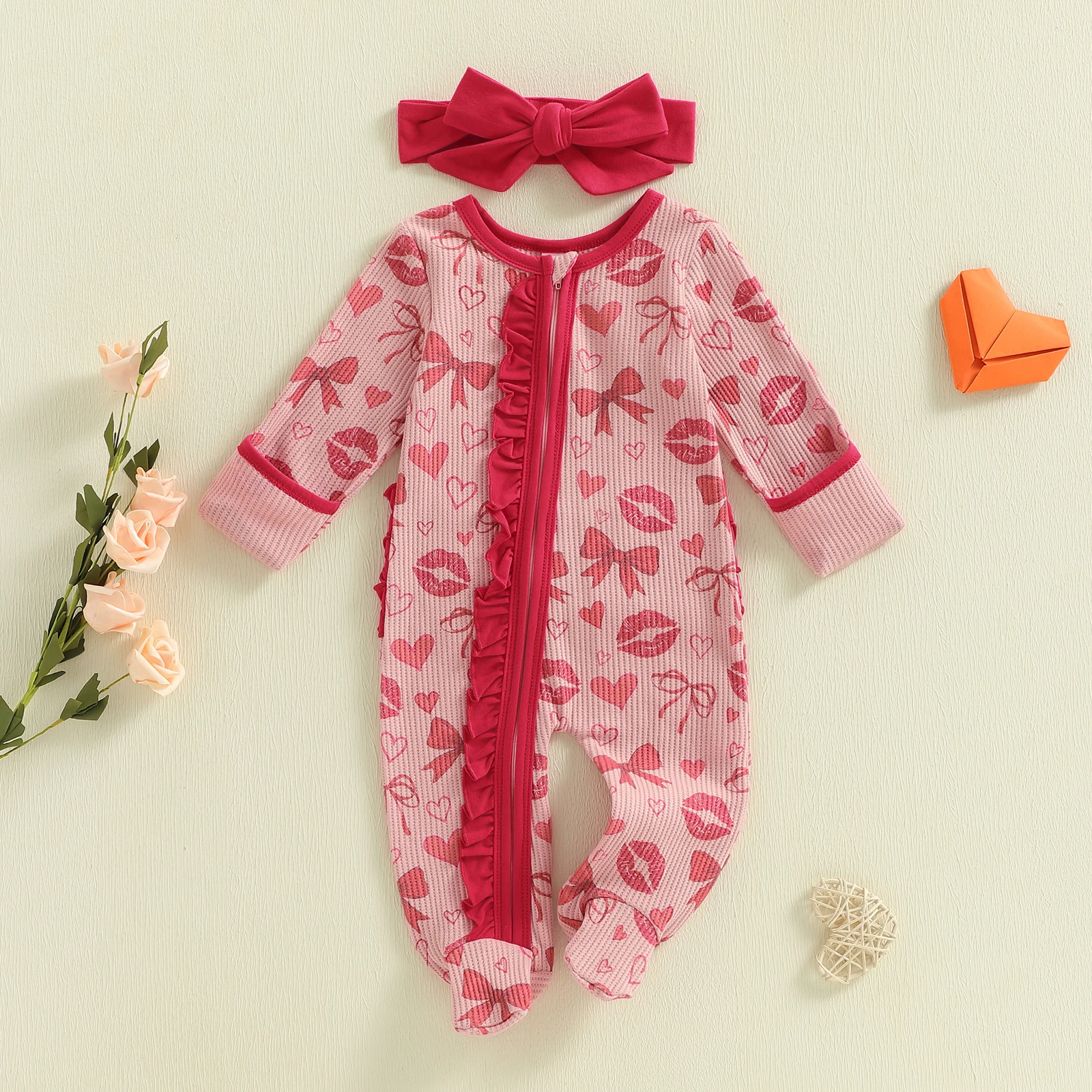 

Toddler Girls Valentine s Day Heart Print Long Sleeve Round Neck Ruffled Romper with Matching Bow Headband and Zipper Closure