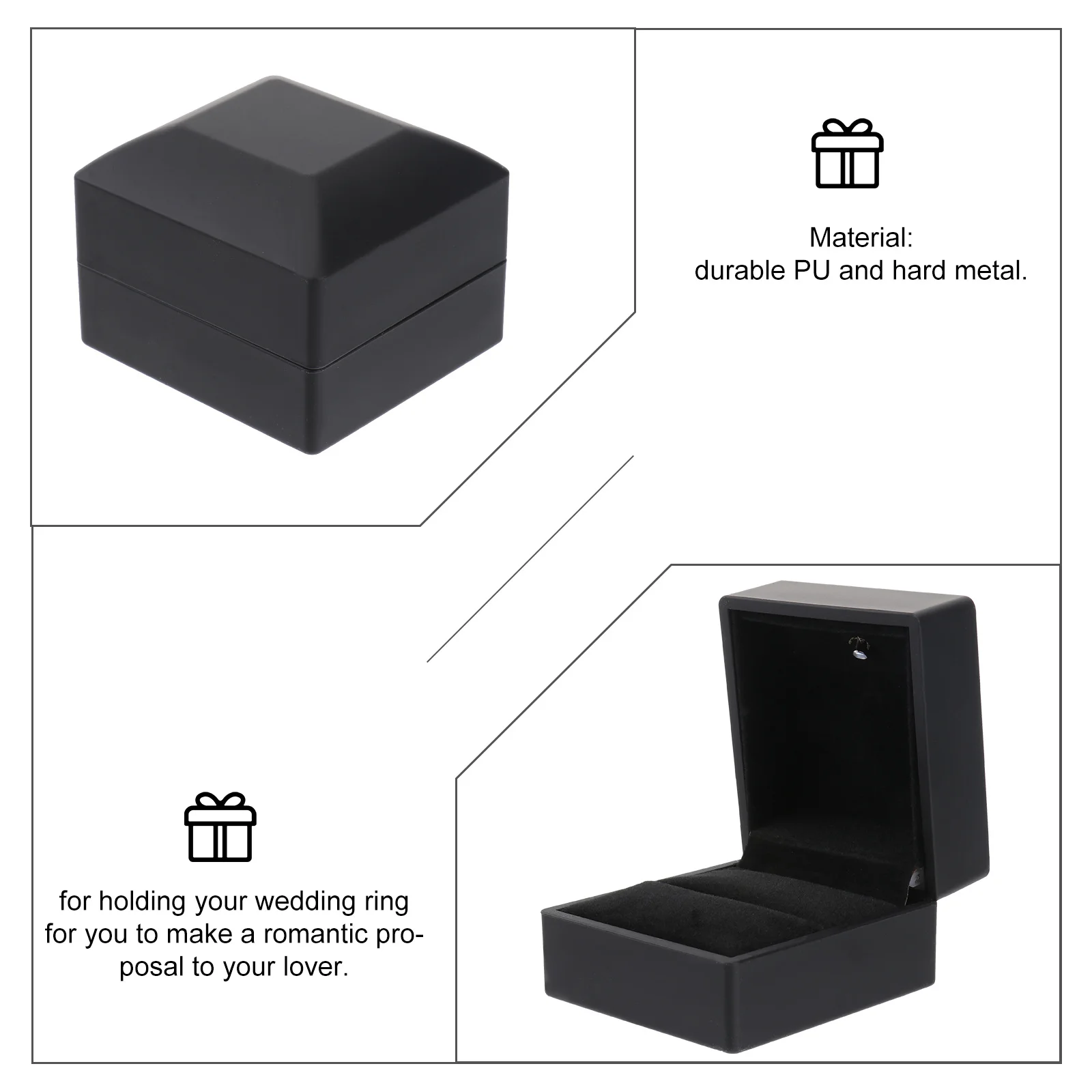 

LED Lighting Black Wedding Ring Box Durable PU Metal Portable Jewelry Case for Romantic Proposal Wedding Ring Box