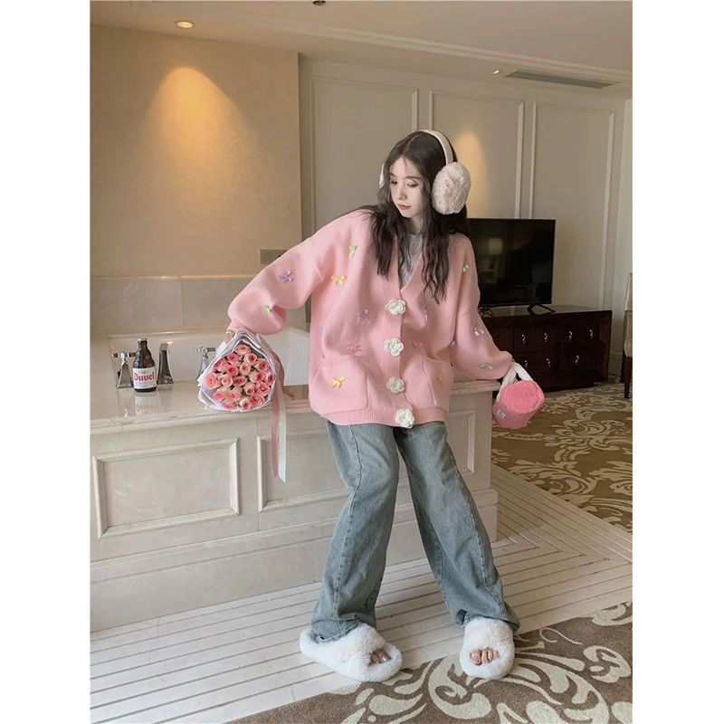 Sweet 3D Flowers Knitted Cardigan Women Kawaii Bow V Neck Sweater Coat Korean Cute Oversized Knitwear Streetwear Casual Jumper