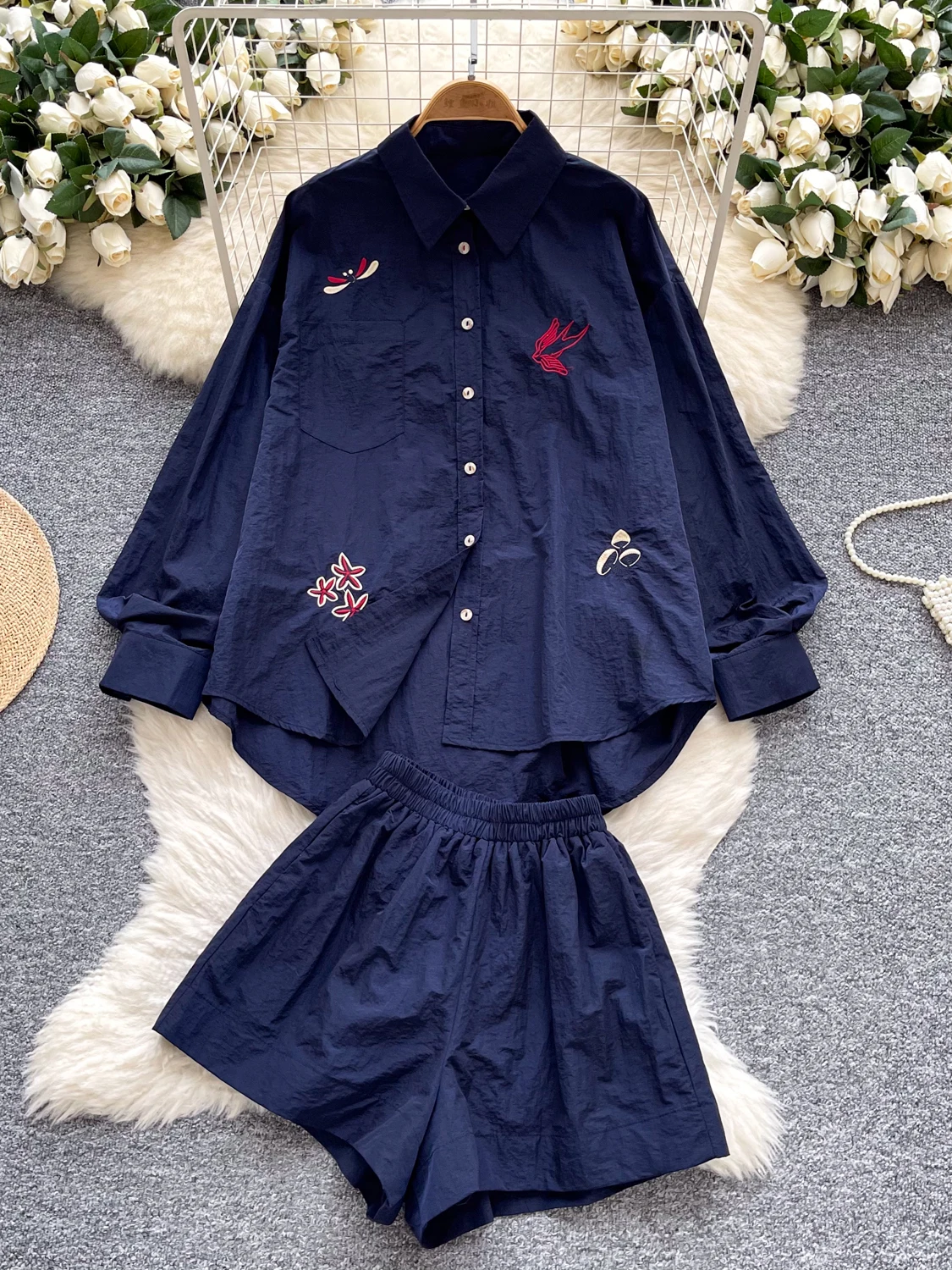 Casual Embroidered Long Sve irt And High Waist Wide Leg orts Women's Set Loose Fit Heavy Embroidery Single Button Design