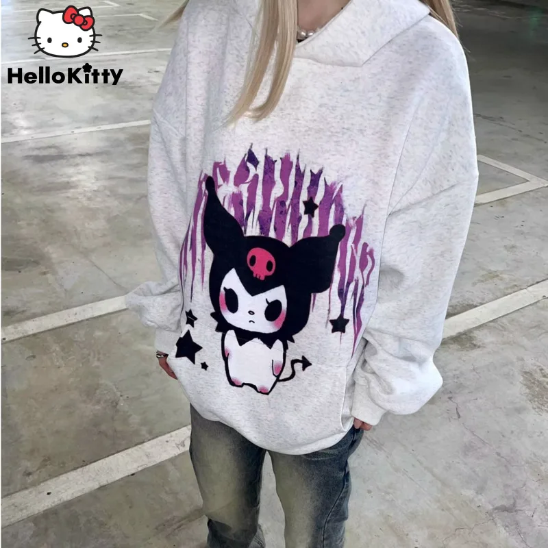 Bluza z kapturem z nadrukiem Sanrio Kuromi Yk2 młodzik odzież damska jesień i zima nowa Oversize Hip Hop bluza w stylu Harajuku para