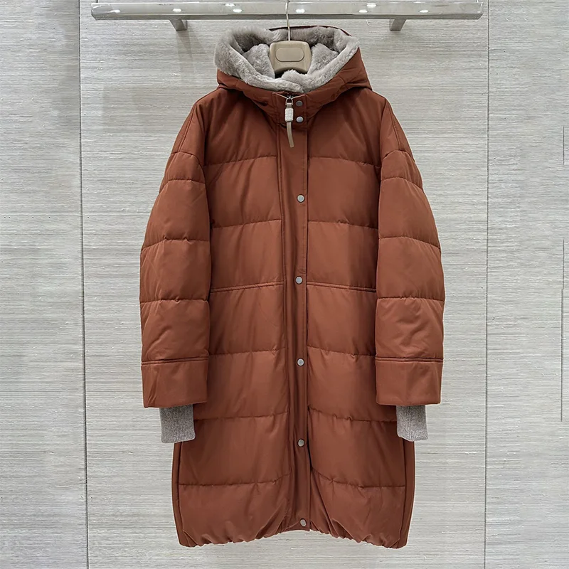 หมวกหนังขนสัตว์เย็บติดซับในไนลอนคุณภาพสูงสำหรับผู้หญิง เสื้อแจ็คเก็ตขนเป็ดความยาวปานกลาง เสื้อผ้าฤดูหนาว 25100425