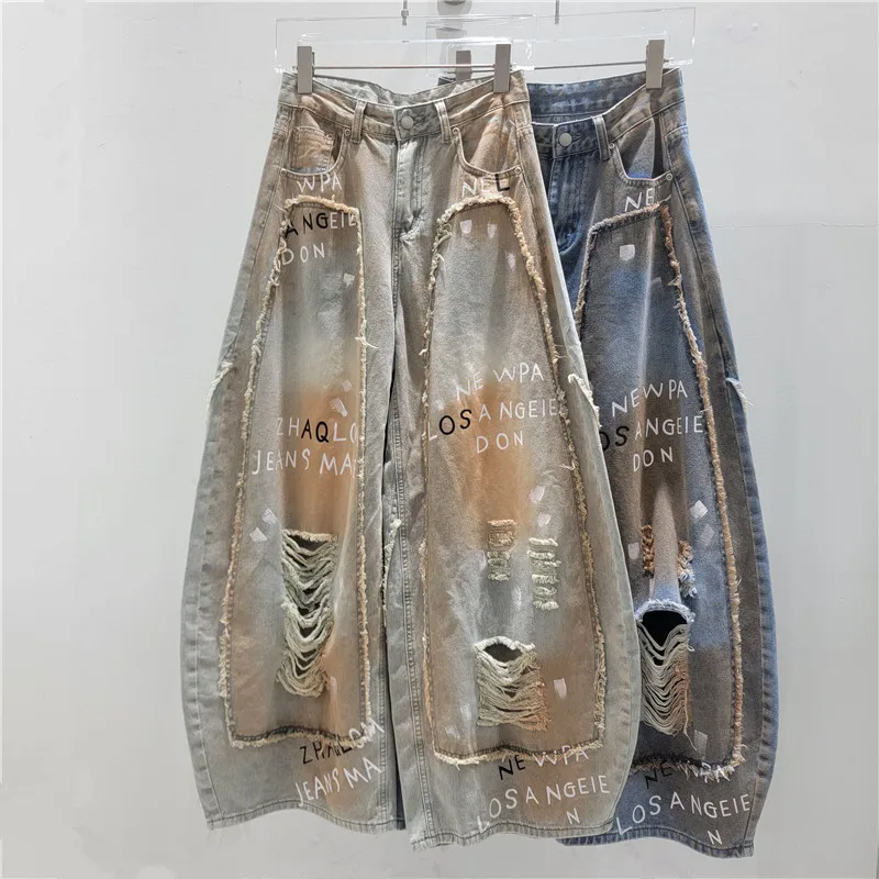 Ripped Curved Knife Jeans for Women Retro Letter Printed Casual Wide Leg Trousers Summer New High Waist Loose Denim Pants