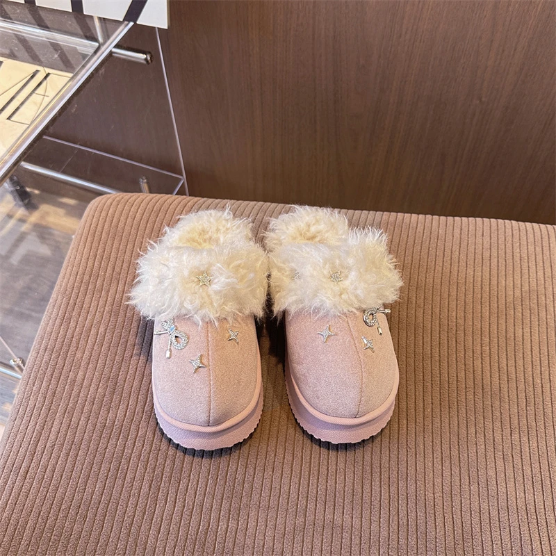 Winter Children Solid Color Leather Cotton Shoes Girls Waterproof Snow Boots Boys Warm Fur Fleece Short Cotton Boots Kids Flats