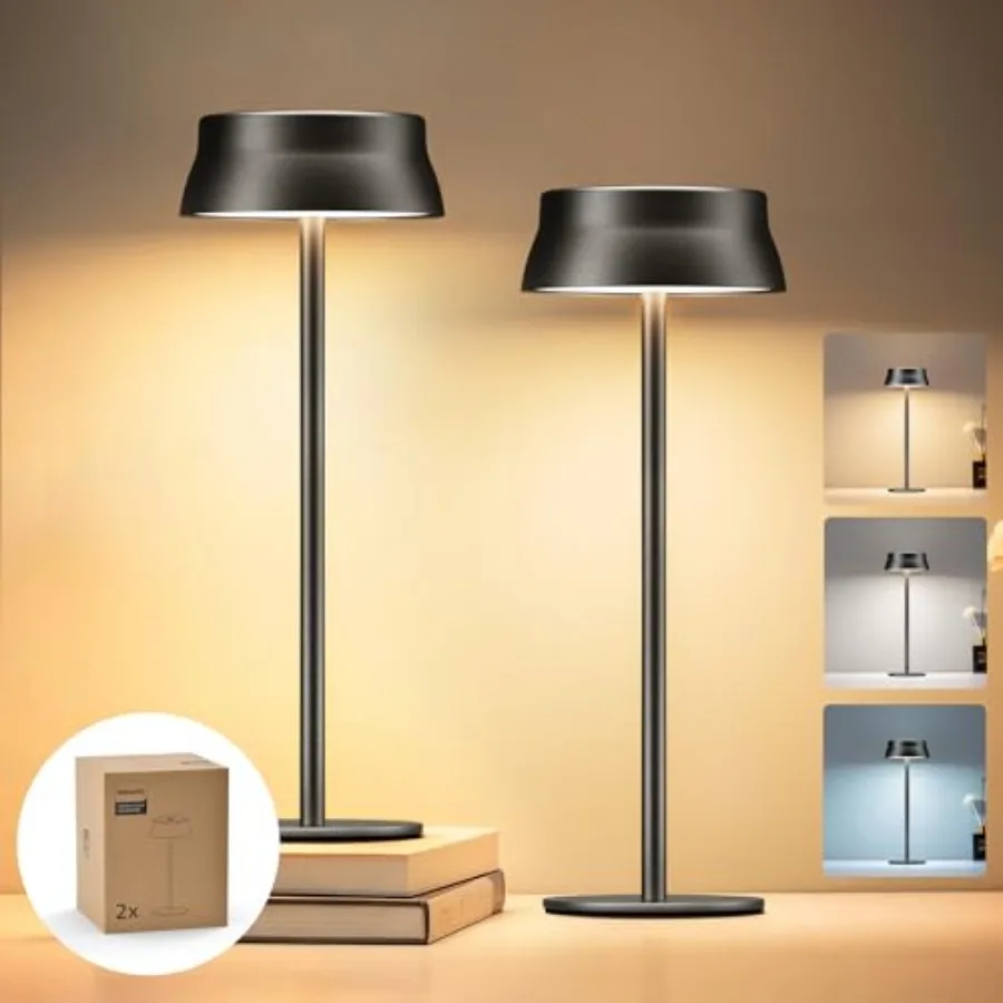 Cordless Table Lamp, Portable Outdoor LED Desk Light, Rechargeable Battery Operated, 2 Adjustable Height, Touch Control and 3 C
