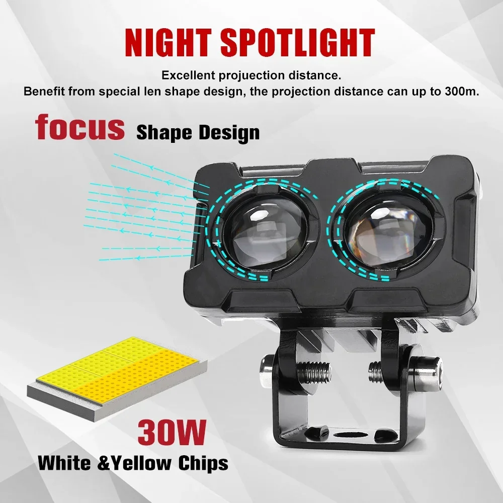 1PCS 60W Motorcycle LED Lens Spotlight Double Lenses Spotlight Motorcycles Auxiliary Fog Lamp Dual Color White Yellow Light