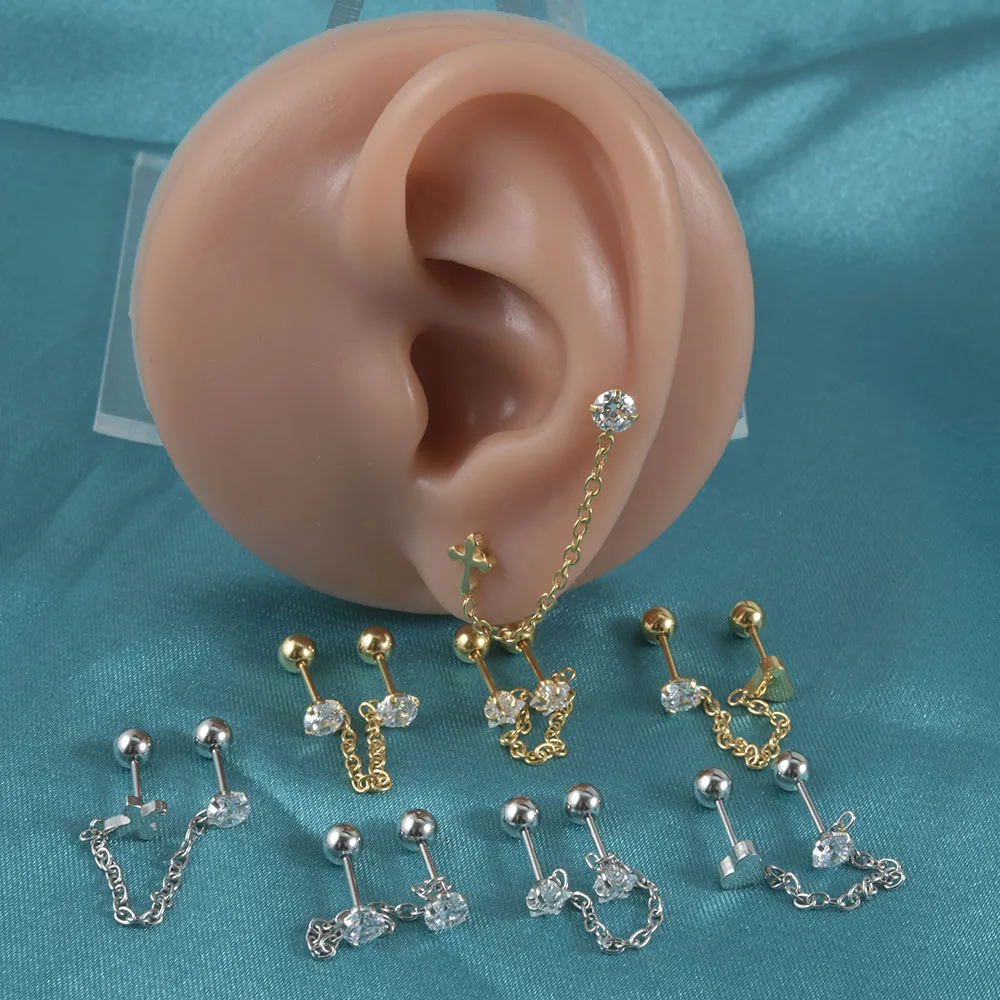 أقراط سلسلة صغيرة مرصعة بأحجار زركونيا مزدوجة ، سلسلة متدلية ، فولاذ جراحي ، هدية لها