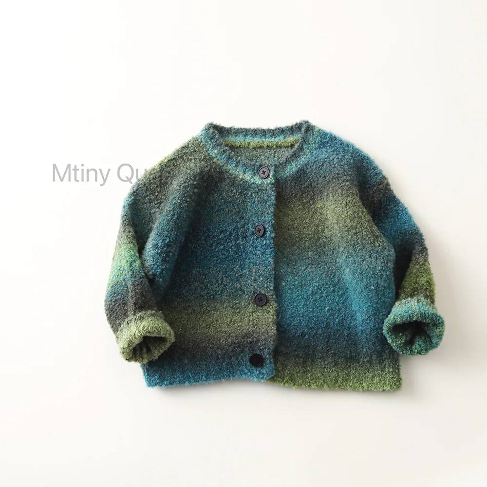 Special Yarn Mohair Gradual Change Children's Knitted Jacket Sweater Green Cardigan Fashion Casual Baby Sweater