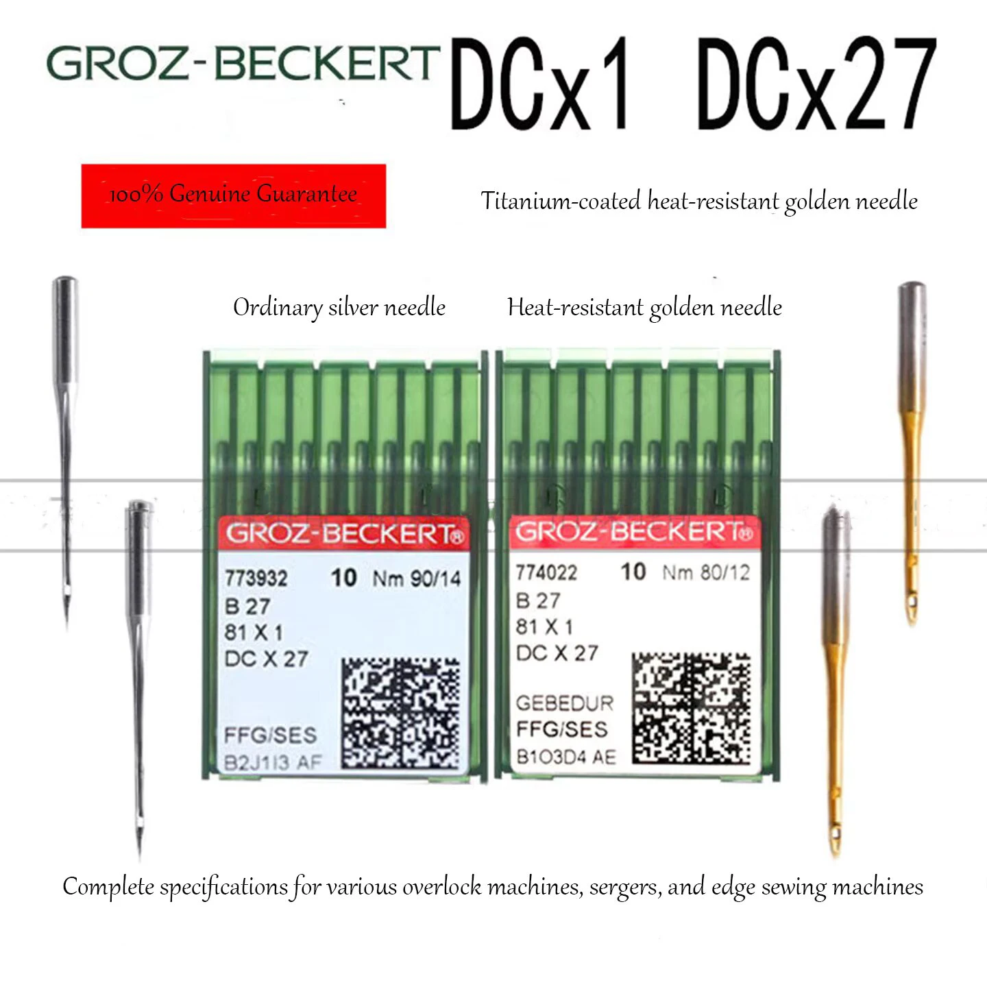 DC×1 DC×27 Industrielle Overlock-Maschinennadeln GEBEDUR Titan-Beschichtete Gold- & Chrom-Silber-Nadeln Alle Größen 7-24 für Overlock