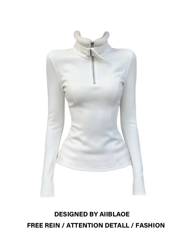 

Женская модная футболка больших размеров с длинным свеком, осень-зима, теплый воротник из искусственного меха, утягивающий крой, универсальный повседневный топ