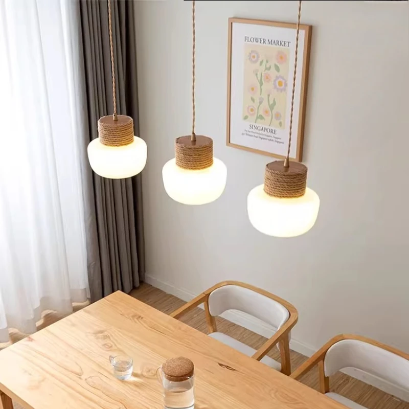 Nordic Wooden Chandelier LED Glass Lampshade Kitchen Living Room Restaurant Corridor Bar Counter