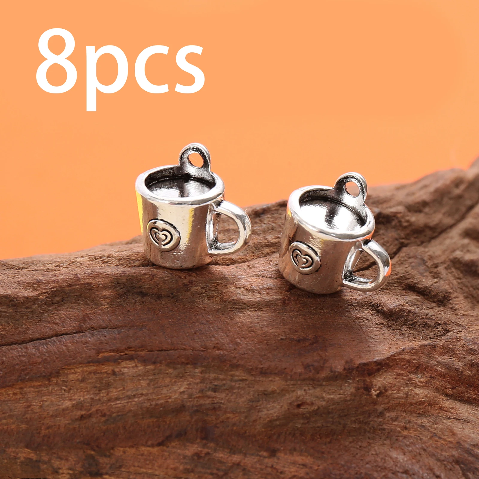 8 Pieces of Vintage-Style Heart-Shaped Water Cup Pendants with a Single Hole, Featuring a Three-Dimensional Small Cup Shape with a Handle, Come with a Hanging Loop, Suitable for DIY Bracelets, Earrings, Necklaces, and Are Warm and Unique Handmade Beading Accessories