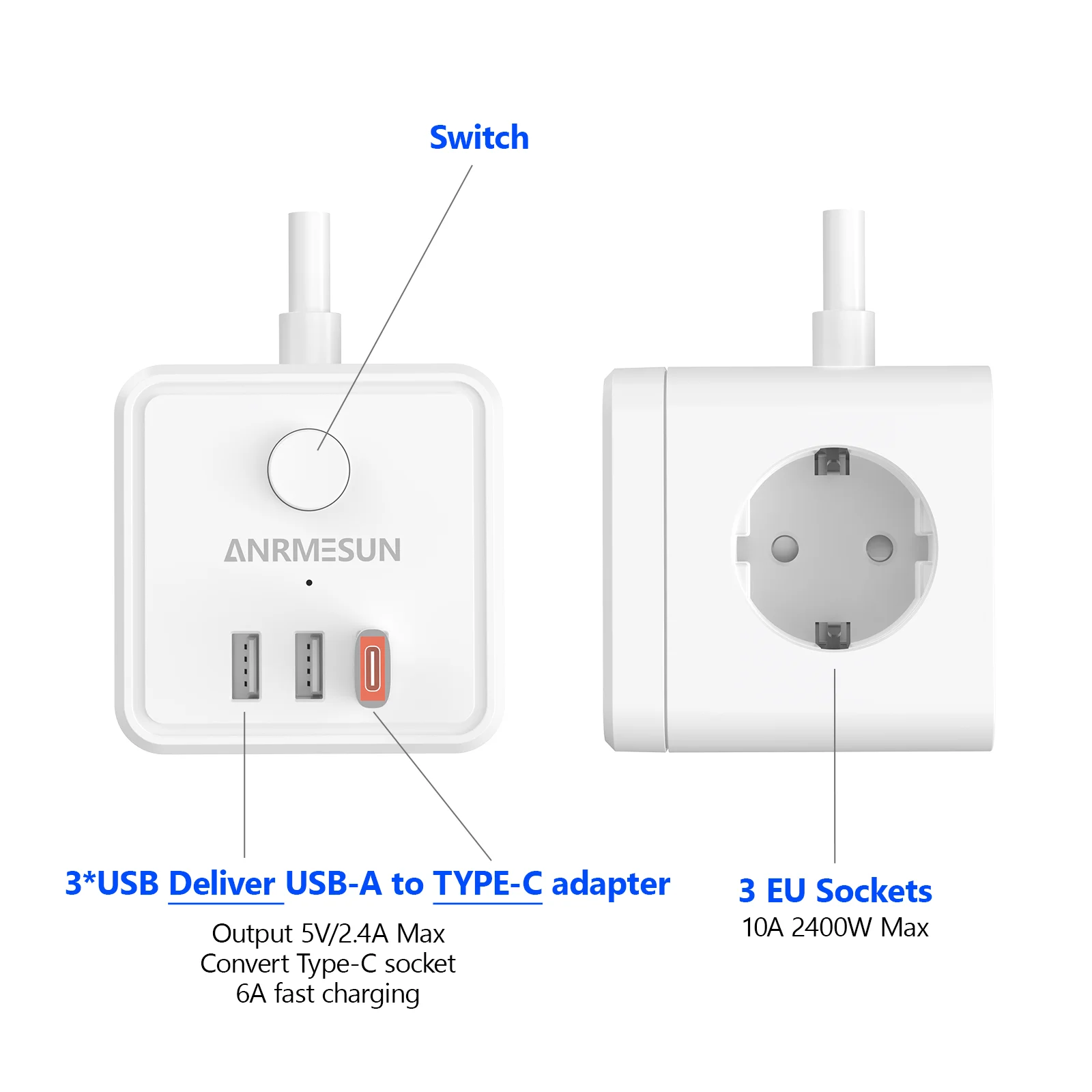 JINGMIN kostka gniazda UE bez kabla 5-kierunkowy adapter gniazda 250 V/16 A, przedłużenie gniazda ściennego do sypialni biuro w domu podróż