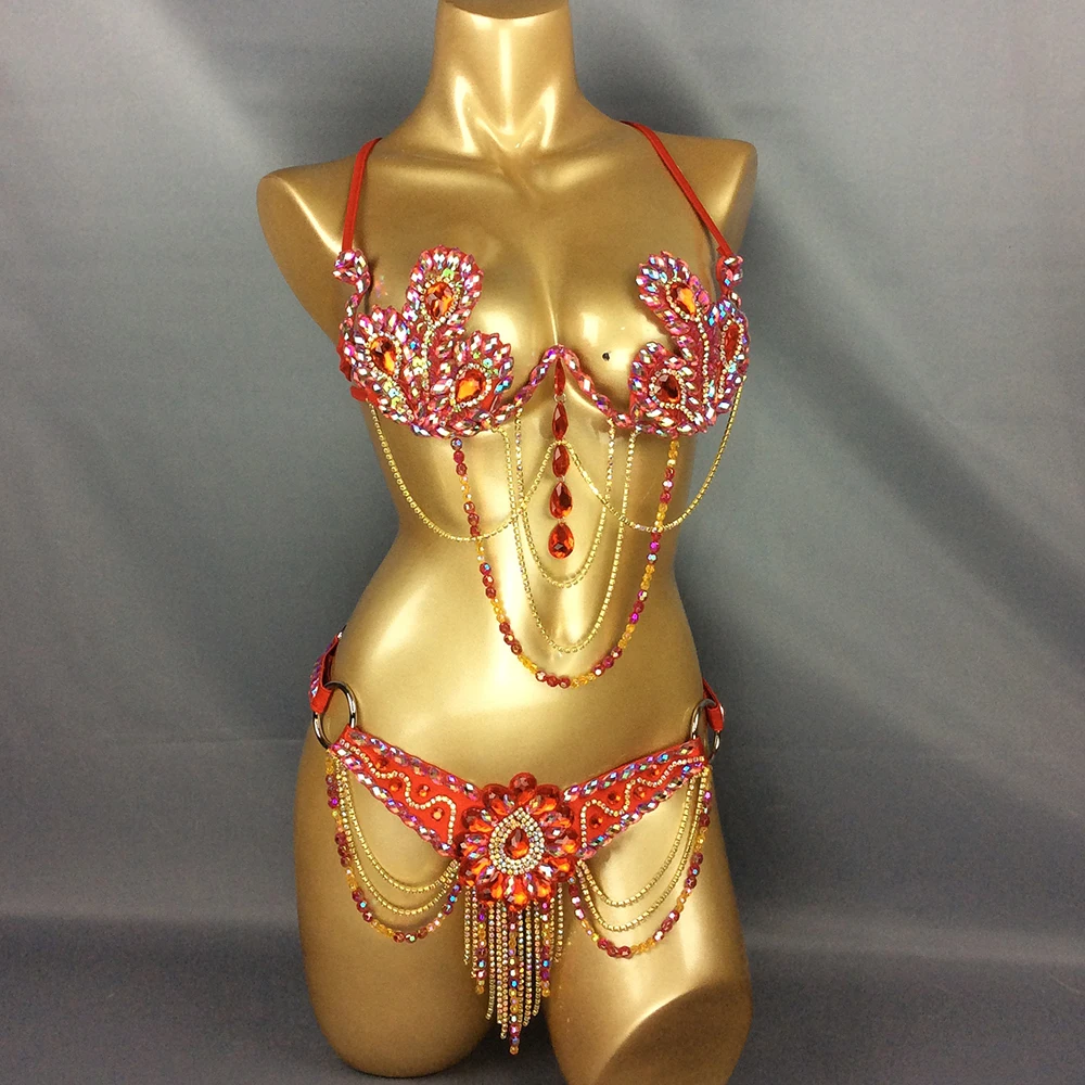 New Samba Carnival Wire Carnival Wire Bra Waist Belt 2pcs/Set Belly Dance Wear Professional Sexy Stage Rainbow stones CB010